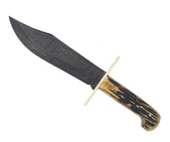 11 3/4 In. Bowie Damascus Genuine India Stag Bone W/leather Sheath