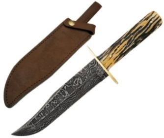 12 In. American Bowie Damascus Genuine India Stag Bone W/leather Sheat