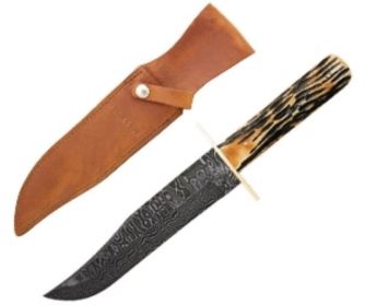 14 3/8 In. American Std Bowie Damascus Genuine India Stag Bone W/lth S