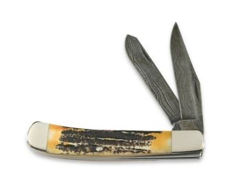 4 1/8 In. Genuine India Stag Bone 2 Blade Trapper Damascus