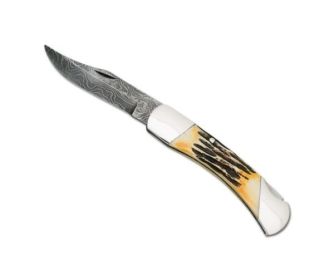 5 In. Genuine India Stag Bone Professional Lockback W/lthr Sh Damascus