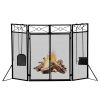 4-Panel Fireplace Screen with 4 Tools and 2 Doors;  Heavy Duty Metal Fire Spark Guard;  Folding Fireplace Fence;  Black